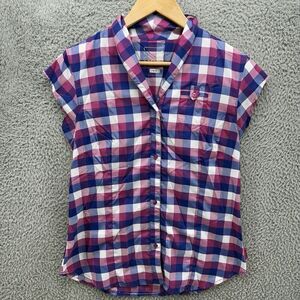 Merrell Womens M Opti Wick‎ UPF 30+ Button Up Sleeveless Shirt Blue Pink Plaid
